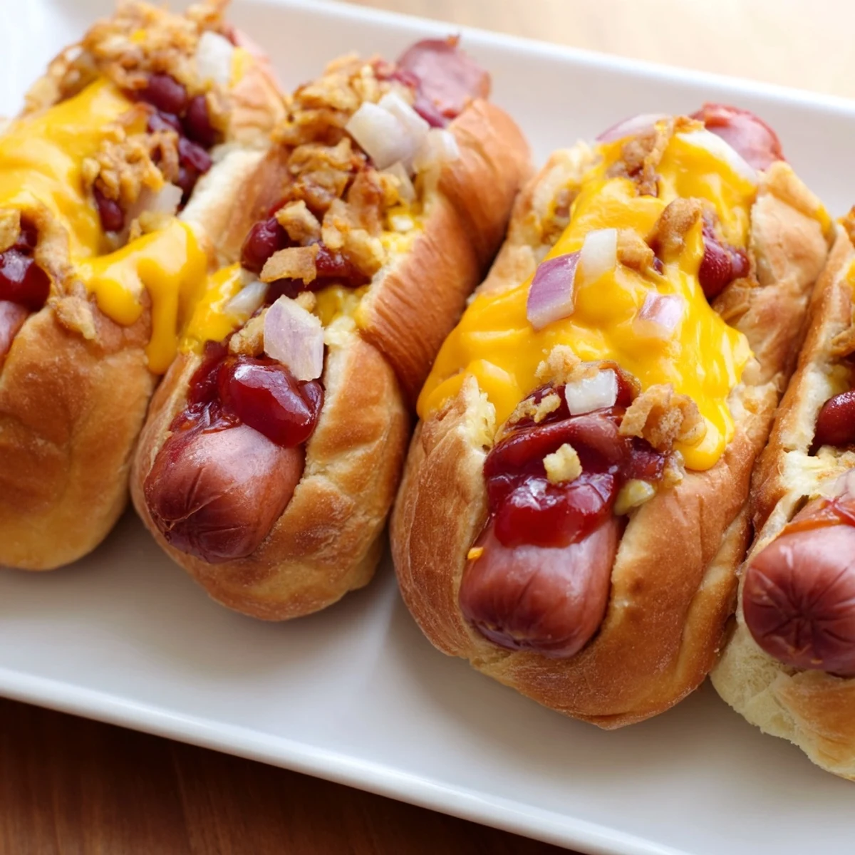 Bubbling, cheesy Chili Dog Casserole, a delightful baked casserole with savory chili and hot dogs.