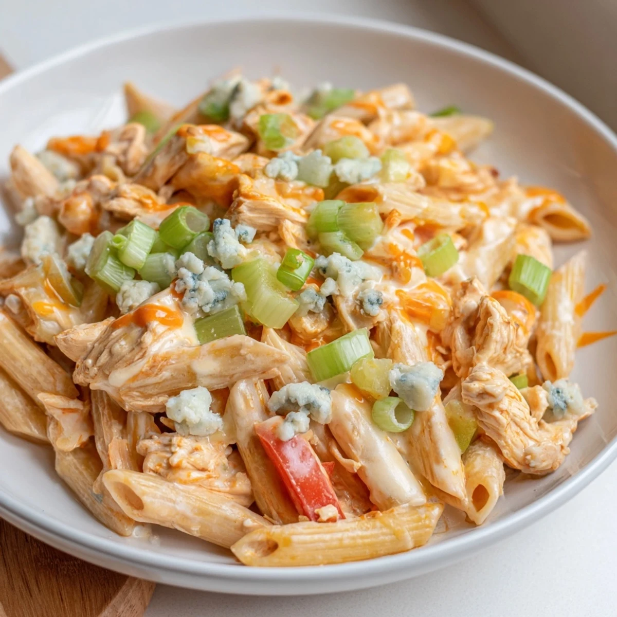 A bubbling skillet of Buffalo Chicken Pasta, creamy, cheesy, and packed with savory, spicy flavors.