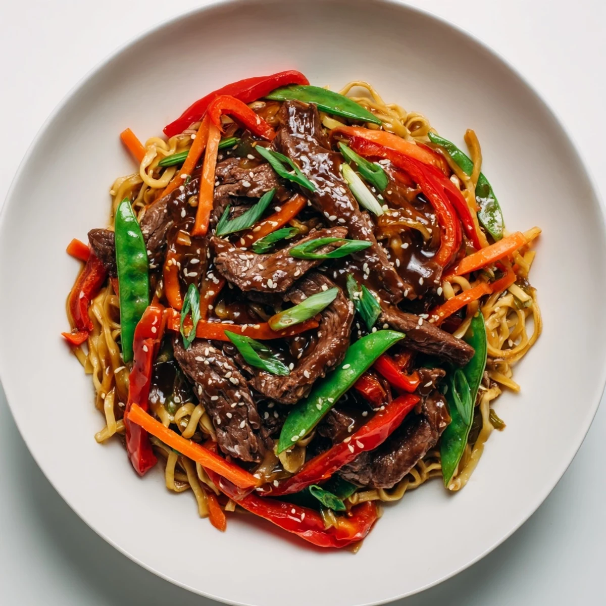A steaming bowl of Teriyaki Beef & Noodle Bowl with sesame seeds, ready to savor its flavors.