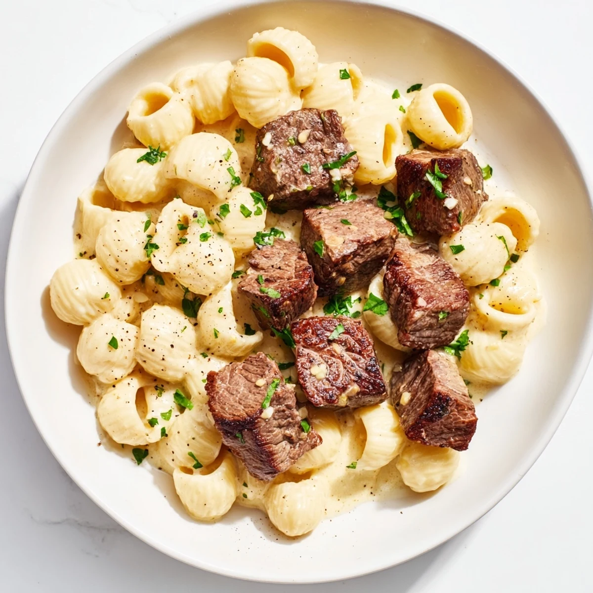 Juicy garlic butter steak bites glistening, paired alongside cheesy pasta shells, ready to enjoy together.