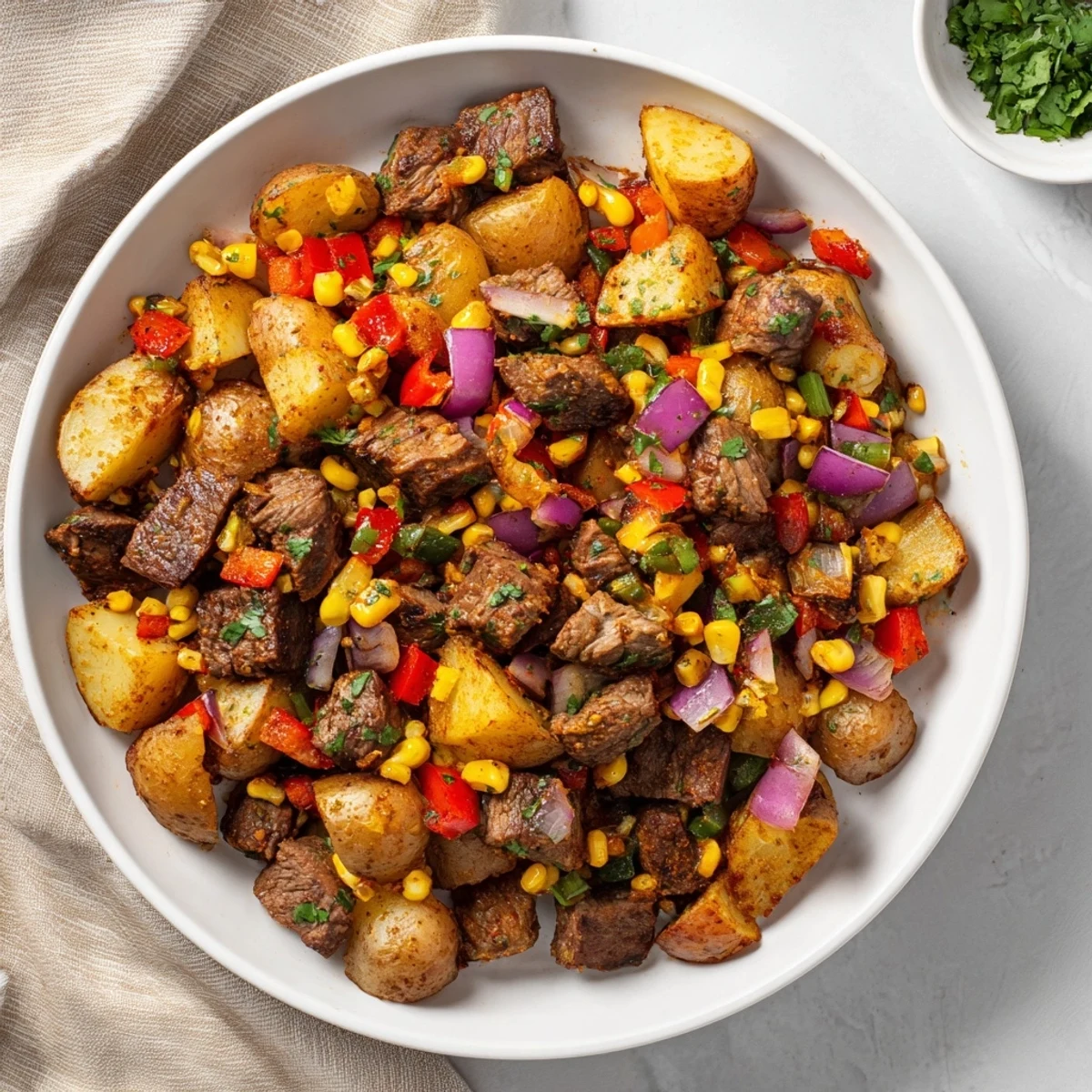 Close-up of a flavorful Southwest Steak & Potato Skillet, garnished with cilantro and served with lime wedges.