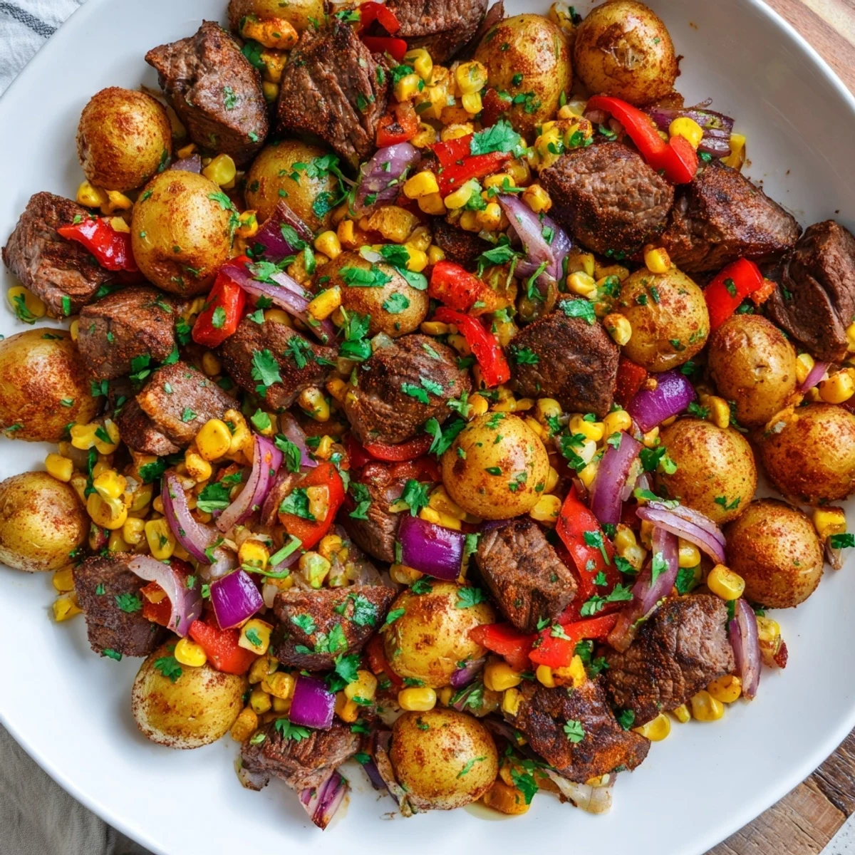 A steaming skillet of Southwest Steak & Potato, showcasing colorful peppers and juicy, browned steak pieces.