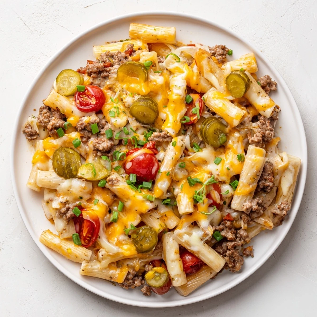 Sizzling Bacon Cheeseburger Pasta Bake with melted cheese and crispy bacon topping the casserole.