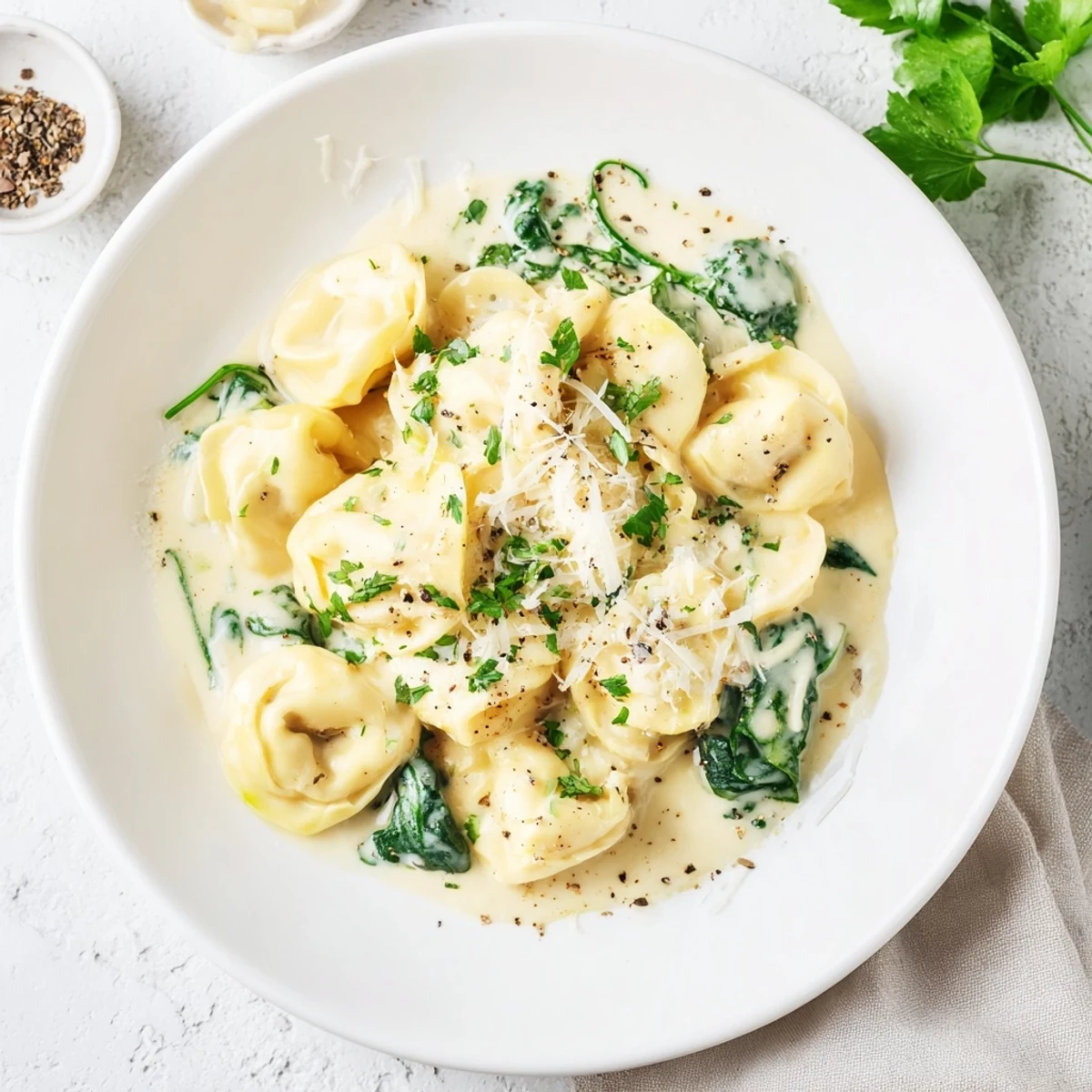 A bowl of Creamy Spinach Alfredo Tortellini, ready to be served, looks incredibly delicious and flavorful.
