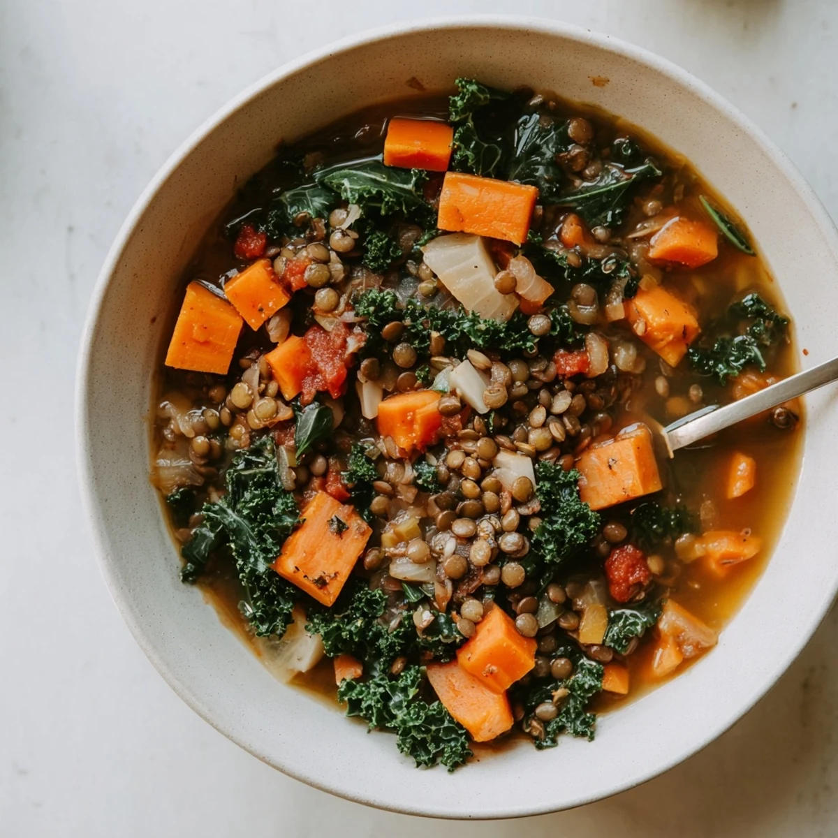 Steaming Winter Vegetable & Lentil Soup with vibrant carrots and hearty lentils, ready to serve.