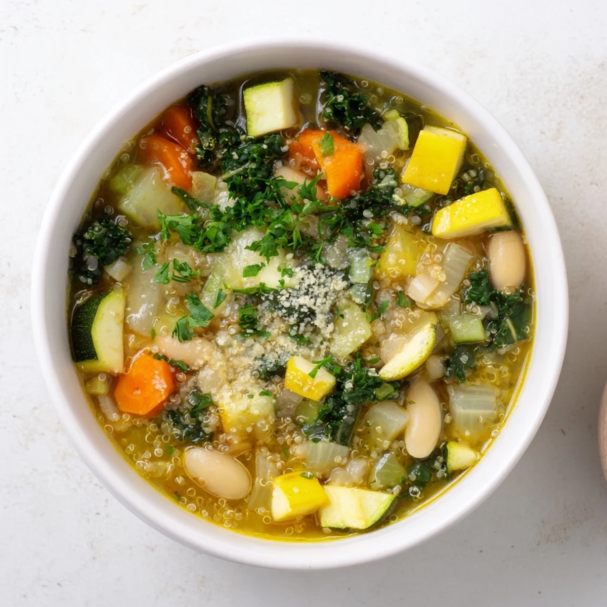 Steaming bowl of Minestrone with Quinoa & Winter Greens garnished with fresh parsley, ready to eat!