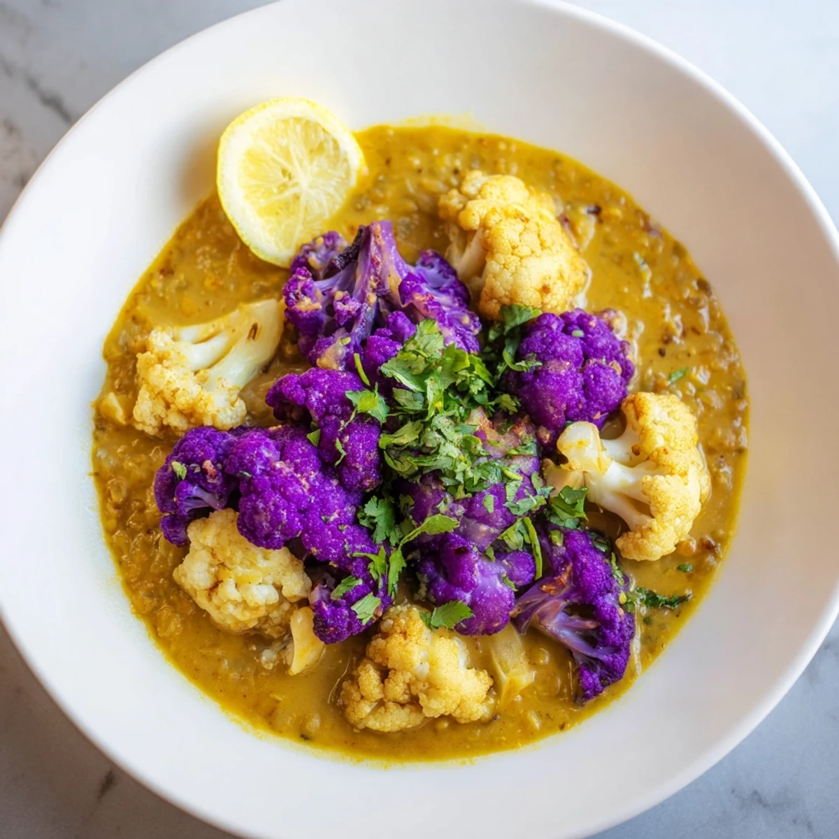 A steaming bowl of Red Cabbage, Cauliflower & Coconut Dhal, garnished with fresh cilantro and lime.