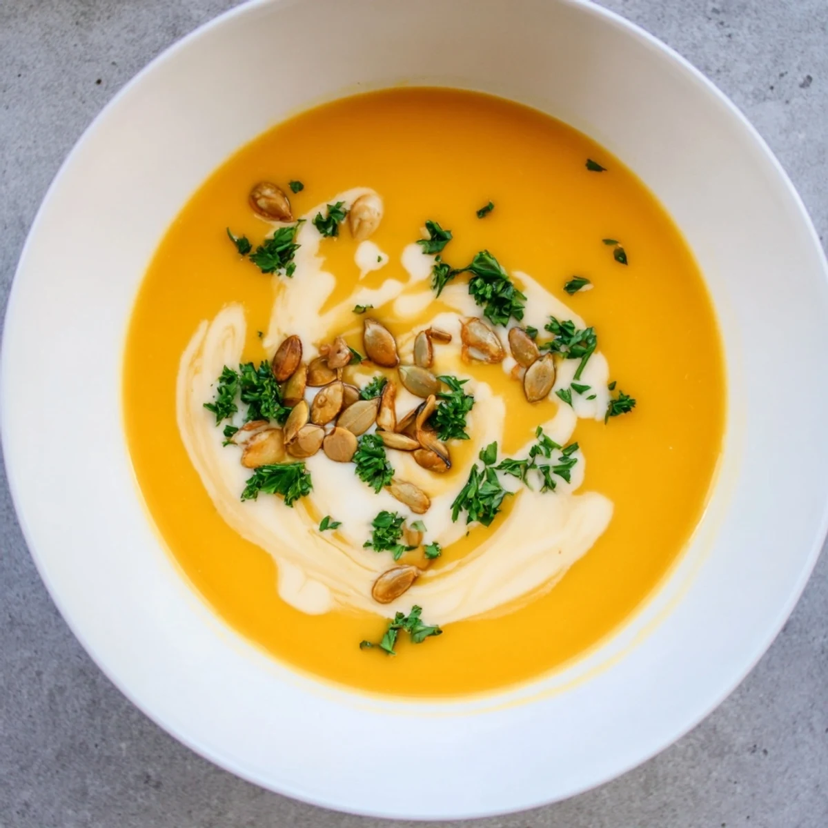 Creamy butternut squash and pear soup with a swirl of coconut milk, perfect for a cozy supper.