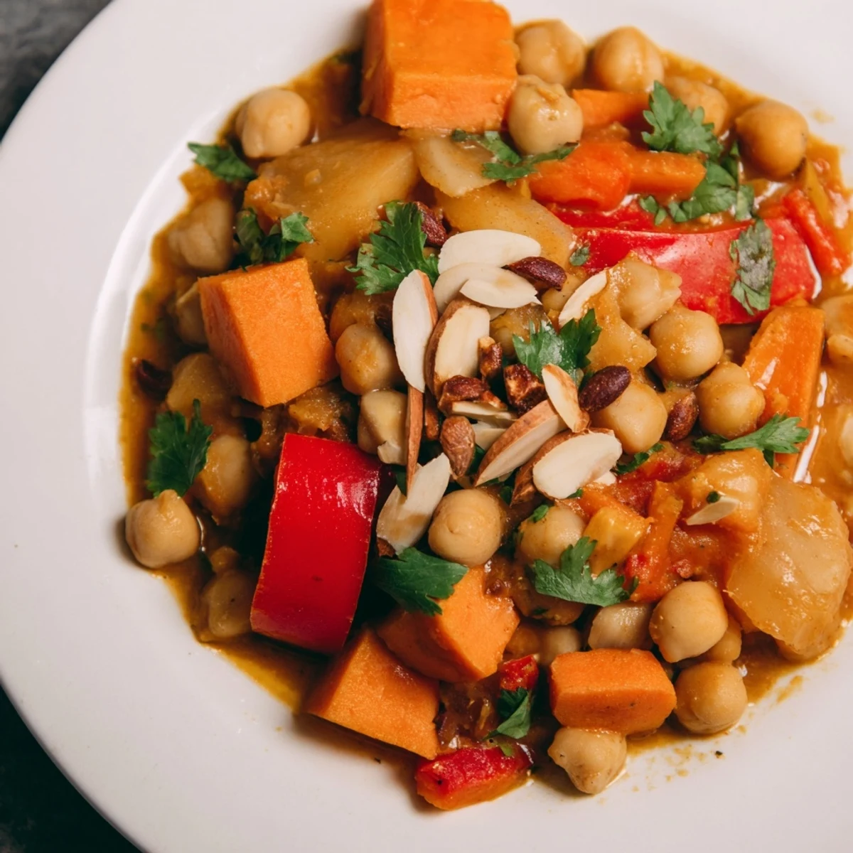 Hearty Moroccan Chickpea & Sweet Potato Tagine, a vibrant stew served with fresh cilantro and lemon.