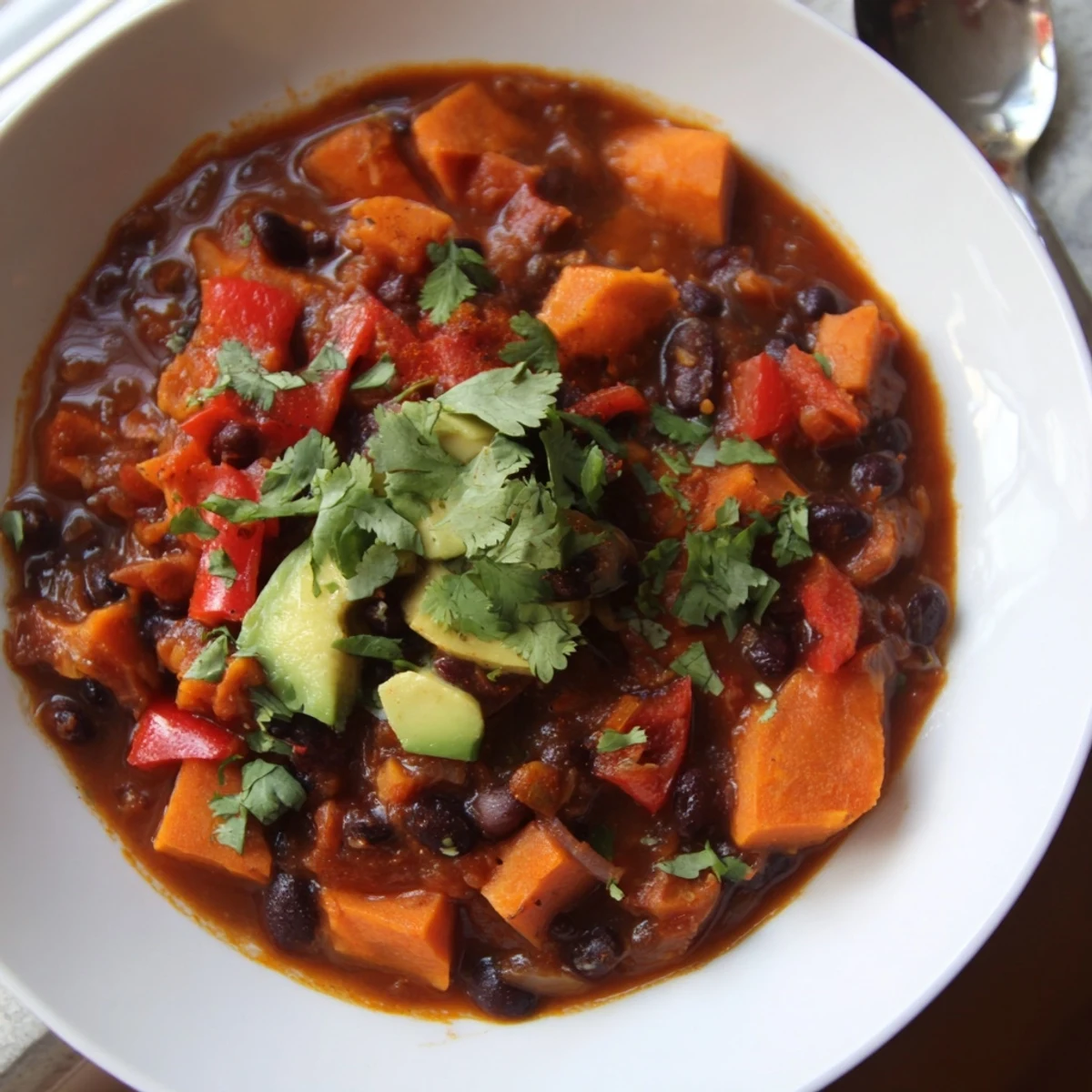 Hearty sweet potato & black bean chili simmering, showcasing tender sweet potatoes and flavorful spices.
