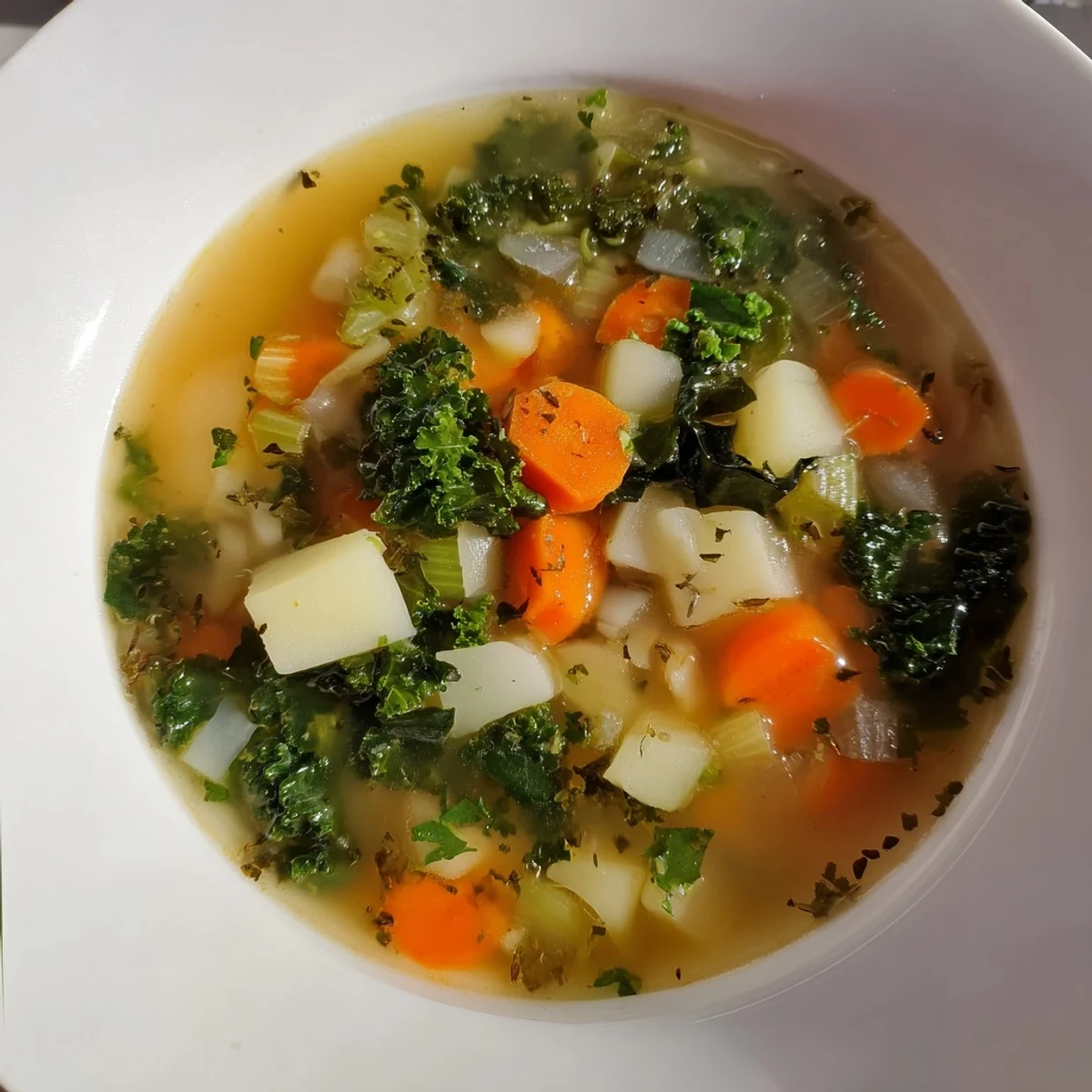 A vibrantly green and rustic bowl of Vegetarian Potato-Kale Soup, with visible potato chunks.