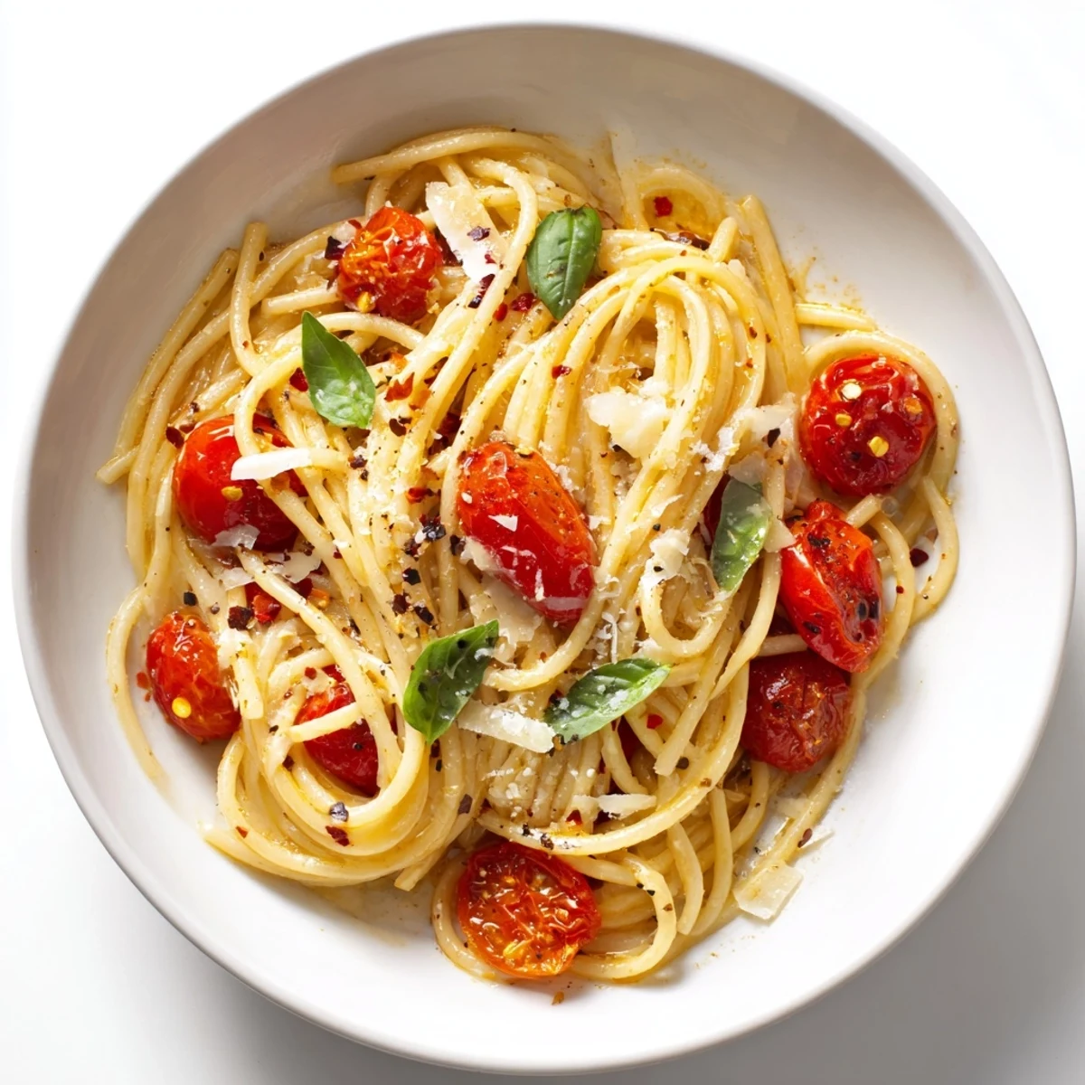 Bright photo of Lazy-Girl Pasta: spaghetti coated in a vibrant tomato sauce, ready to serve.