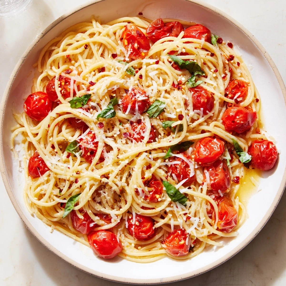 A steaming bowl of Lazy-Girl Pasta with juicy tomatoes and fresh basil, ready to eat!