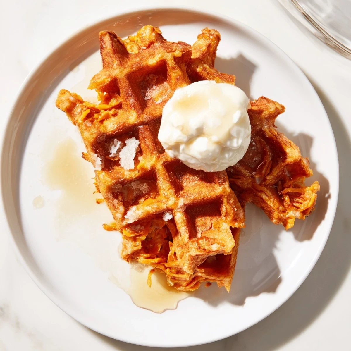 Crispy, delicious Sweet Potato Waffle Hack, easily made at home and piled high with toppings.