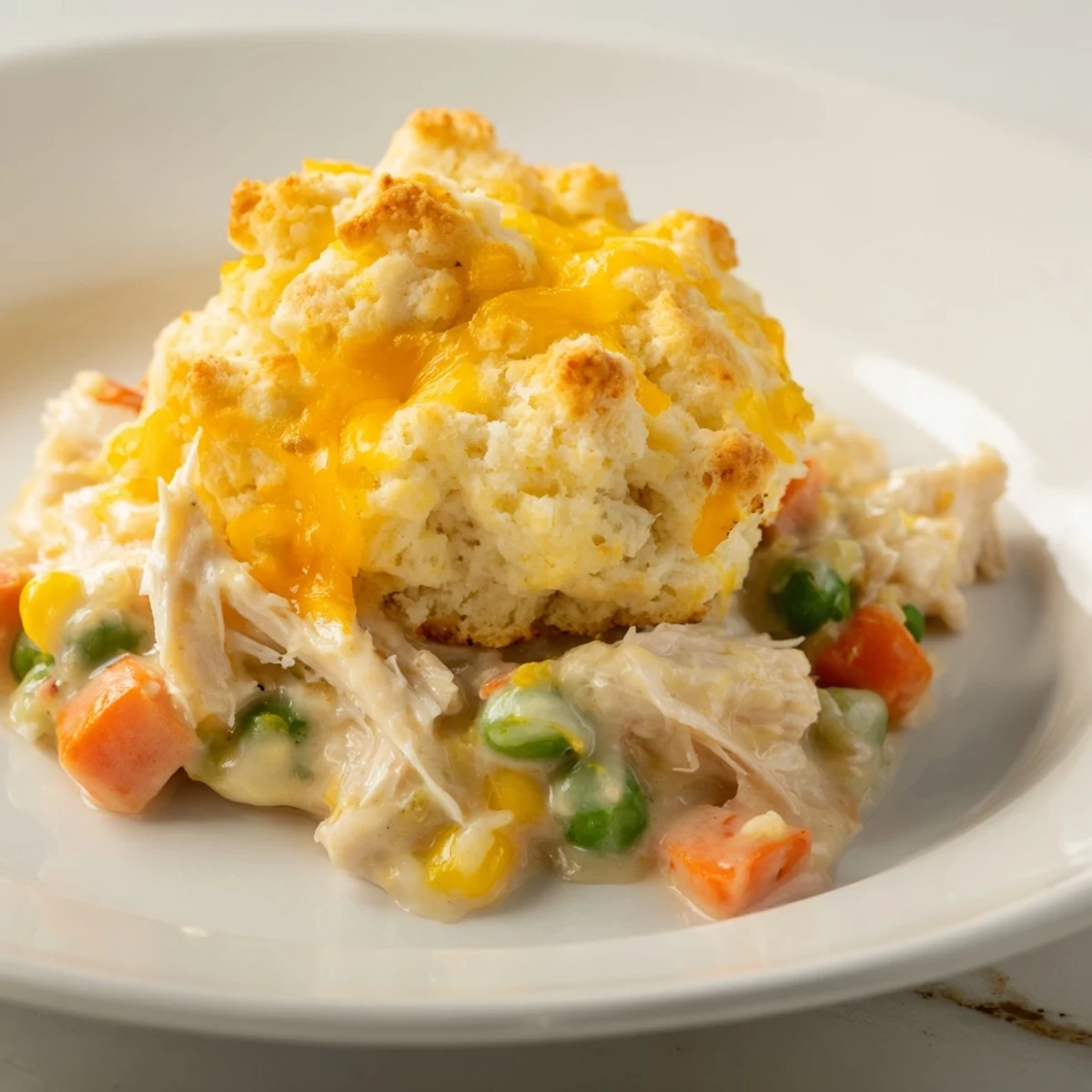 A close-up of a warm, inviting One-Pan Chicken Cobbler just pulled from the oven, ready to serve.