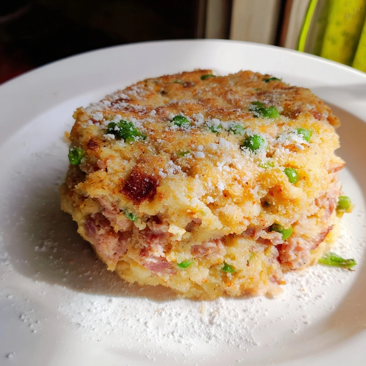Crispy, savory Depression-Era Ham & Potato Patties, showcasing the diced ham and fluffy mashed potatoes.