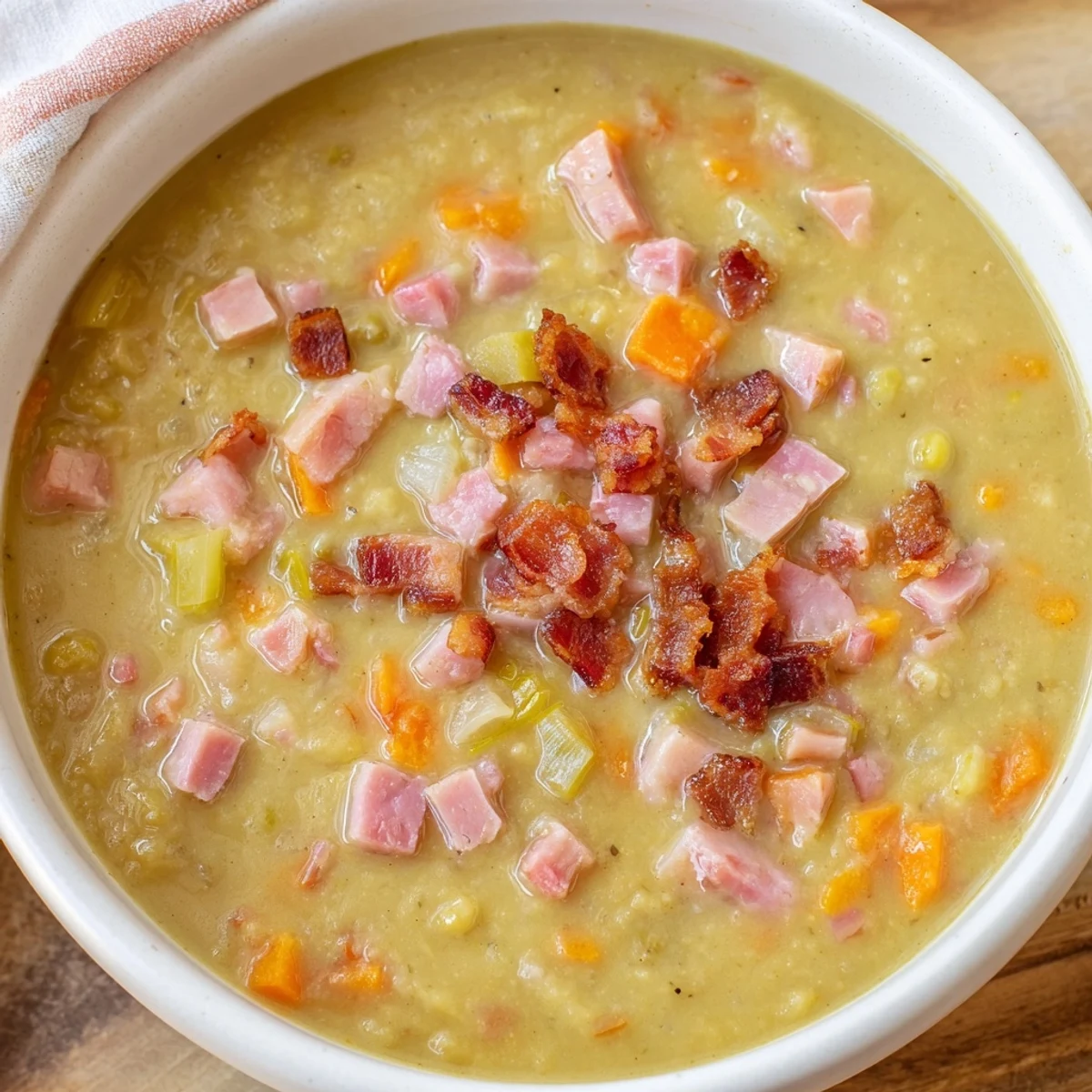 Creamy split pea soup with canned ham, garnished with crispy bacon, a savory, hearty meal.