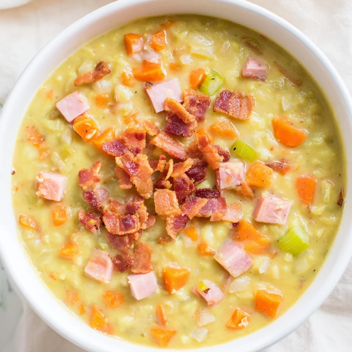 Thick and flavorful split pea soup, featuring chunks of ham and smoky bacon, ready to savor.
