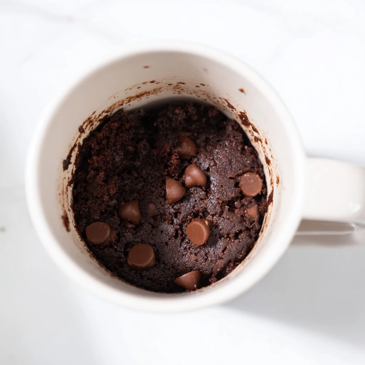 Fluffy Microwaved Mug Cake with melted chocolate chips, ready for a delicious dessert.
