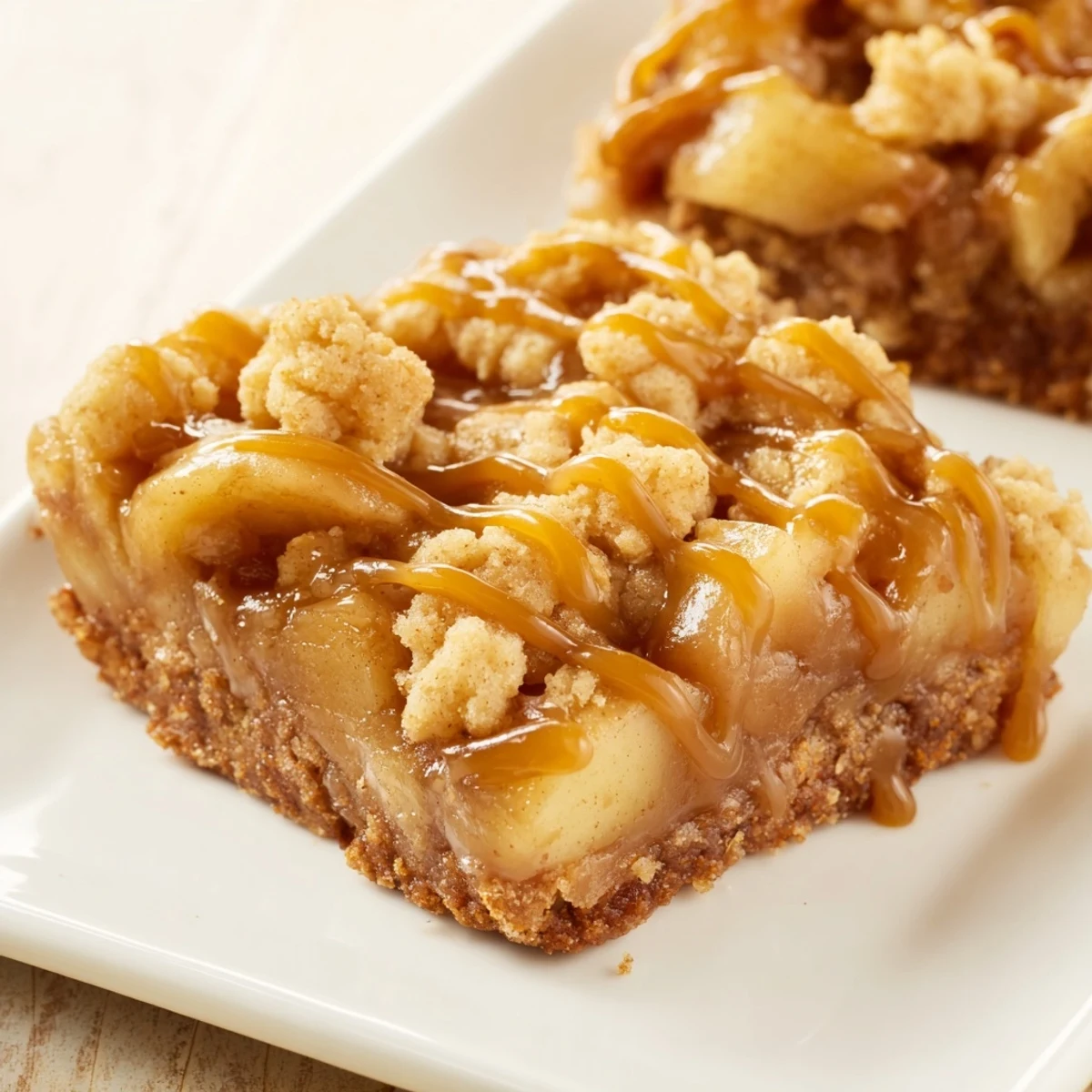 Close-up of baked Caramel Apple Cookie Bars: a delicious dessert with a tempting caramel swirl.