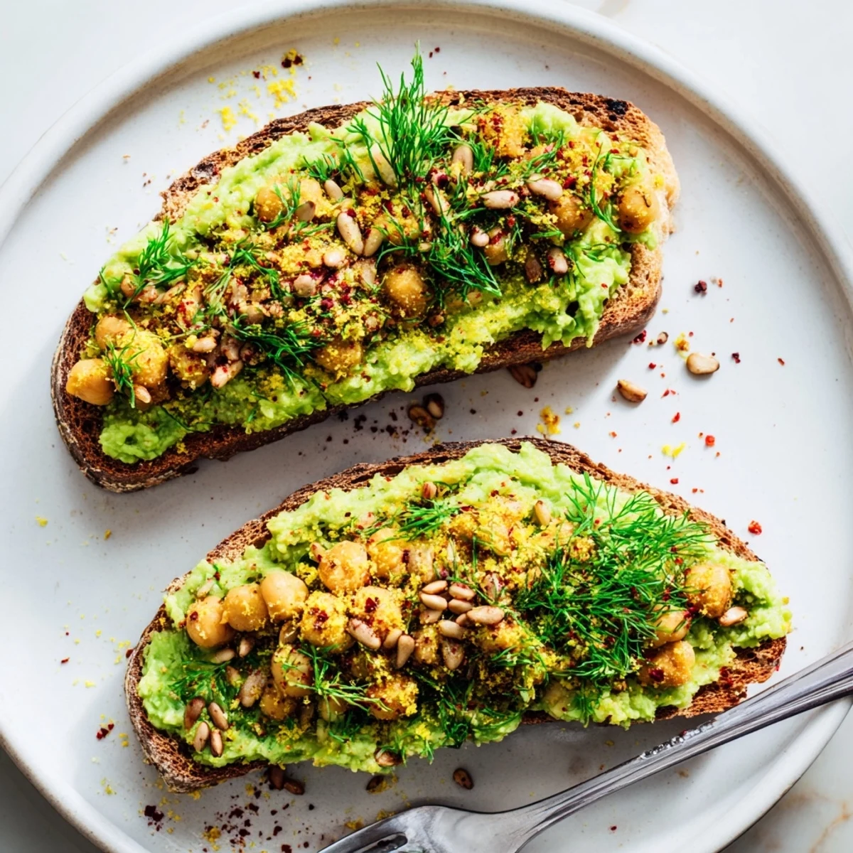 Golden-brown avocado toast with chickpeas & herbs—a colorful, flavorful breakfast ready to enjoy.