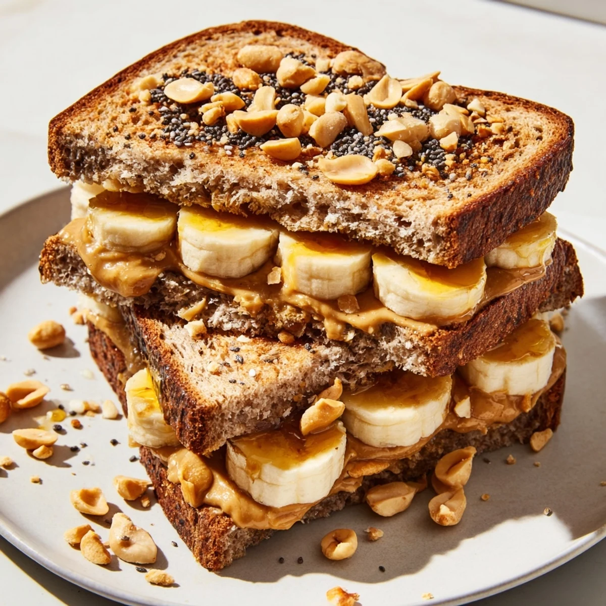 Golden, toasted bread holds a peanut butter & banana sandwich, drizzled with honey, ready to enjoy.