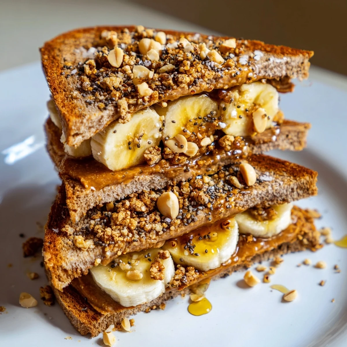 A close-up of a perfectly constructed peanut butter & banana sandwich, showing layers and crunchy toppings.