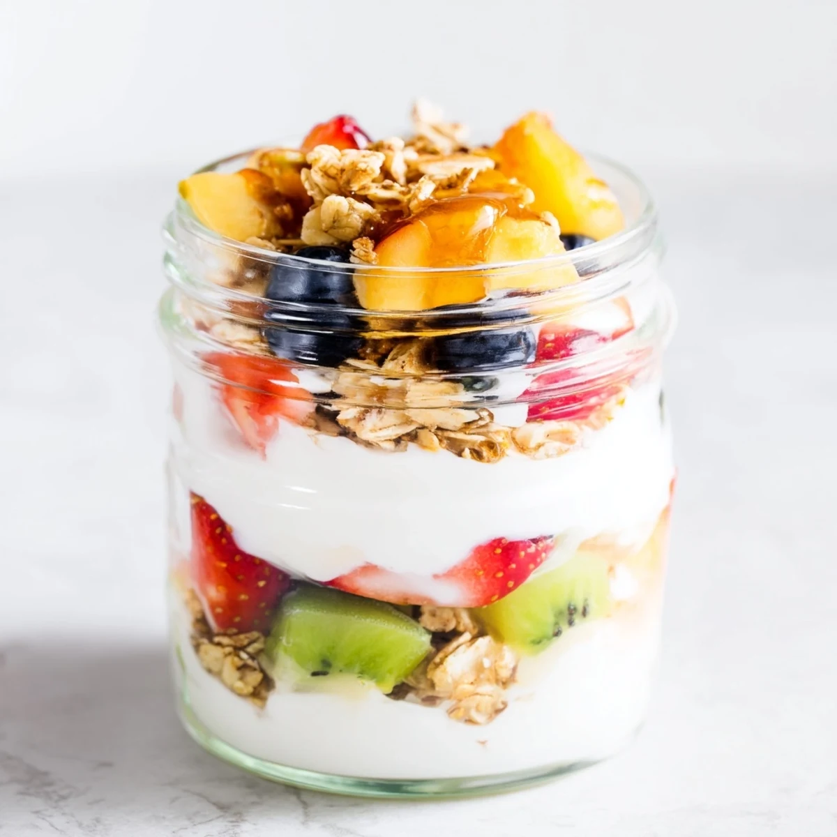 Fresh, colorful yogurt parfait with seasonal fruit, layered beautifully next to a spoon.