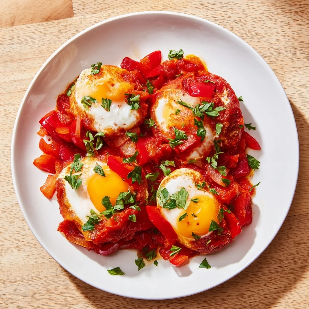 Hearty Savoury Baked Eggs in Tomato Sauce, served with parsley, perfect for a cozy brunch at home.