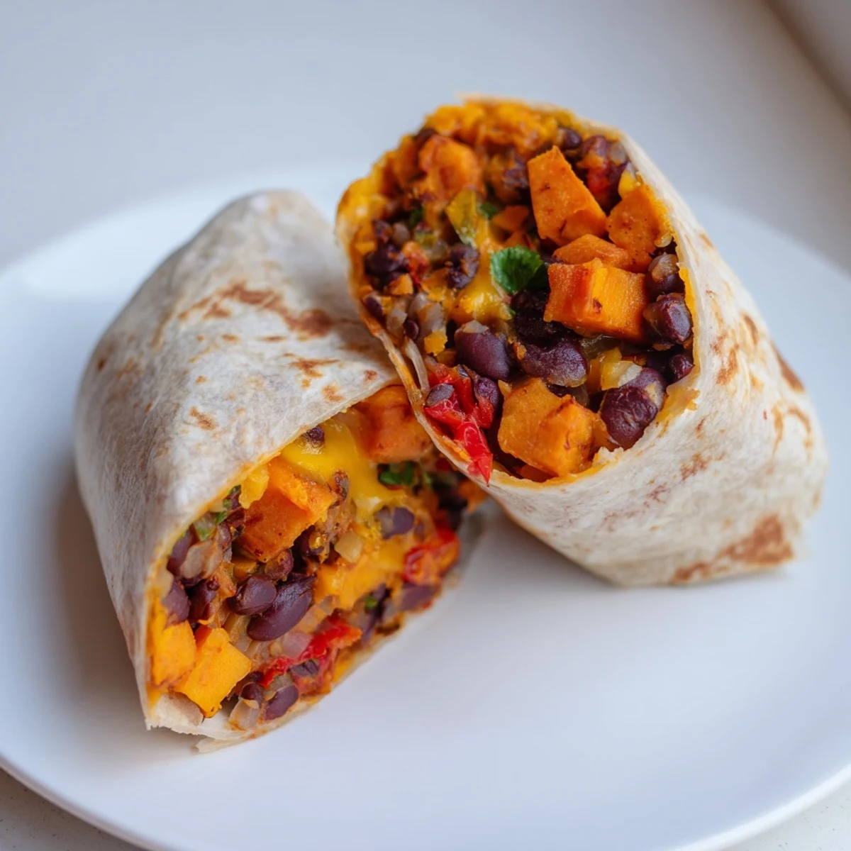 Golden roasted sweet potato and black bean breakfast burritos, a satisfying meal.