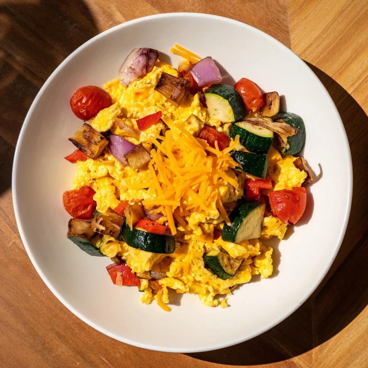 Golden-brown Egg & Veggie Sheet Pan Scramble with colorful veggies, ready to enjoy at breakfast.