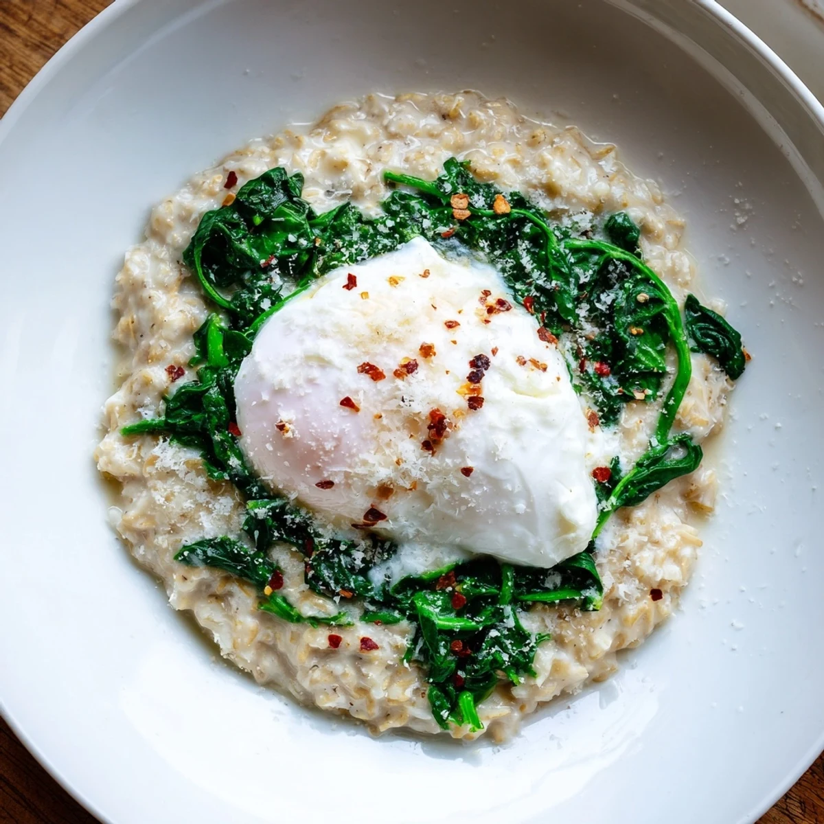 A colorful bowl of Savoury Oatmeal with Spinach & Poached Egg, garnished beautifully for a tasty vegetarian meal.
