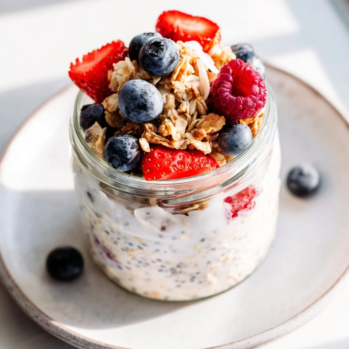 A close-up of colorful Overnight Oats in Jars, showing the beautifully layered ingredients.