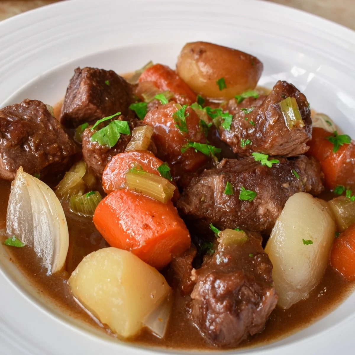 Close-up of hearty Instant Pot Beef Stew brimming with chunks of beef and varied, colorful vegetables.