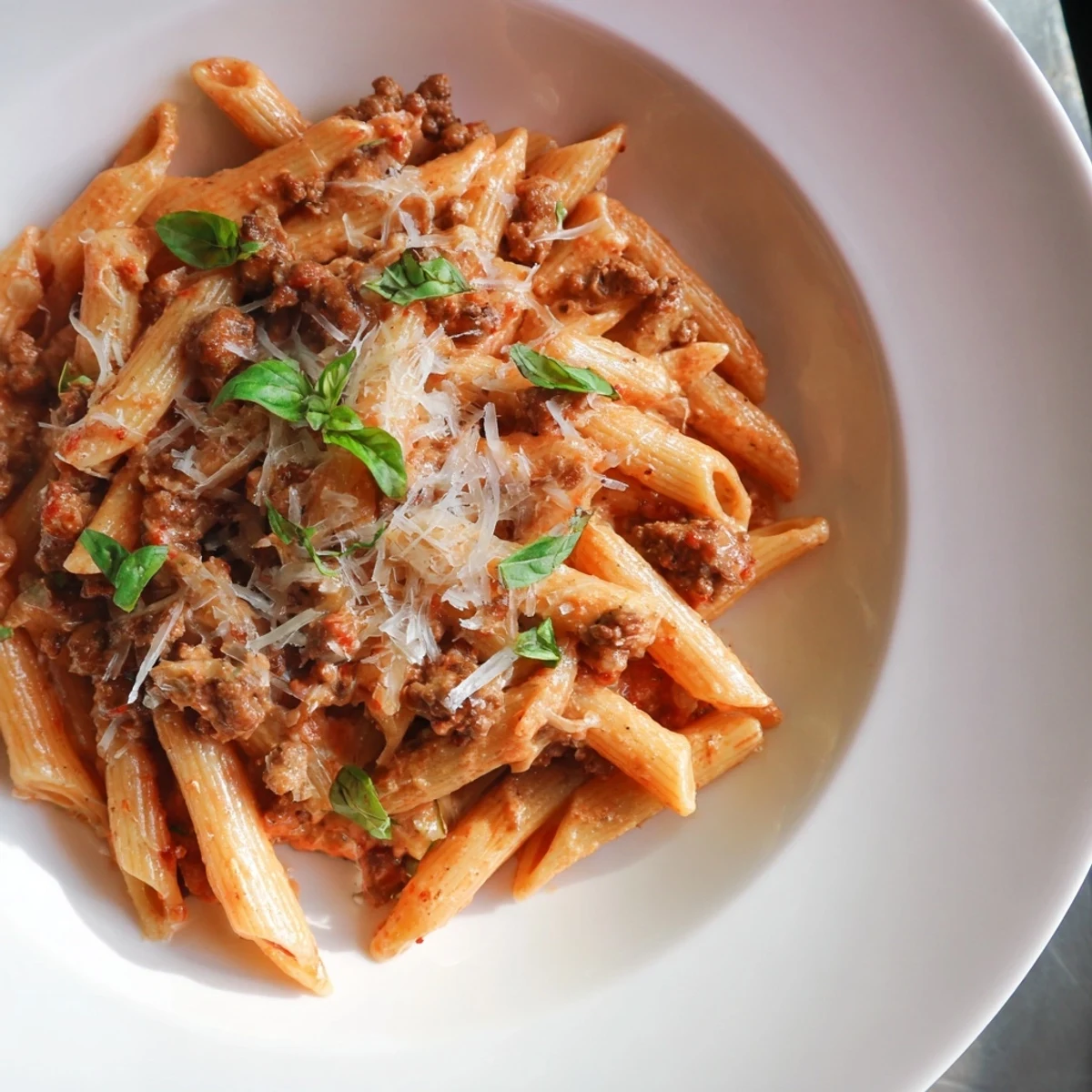 Creamy Tomato and Sausage Pasta, a colorful skillet of pasta with savory sausage and creamy sauce.