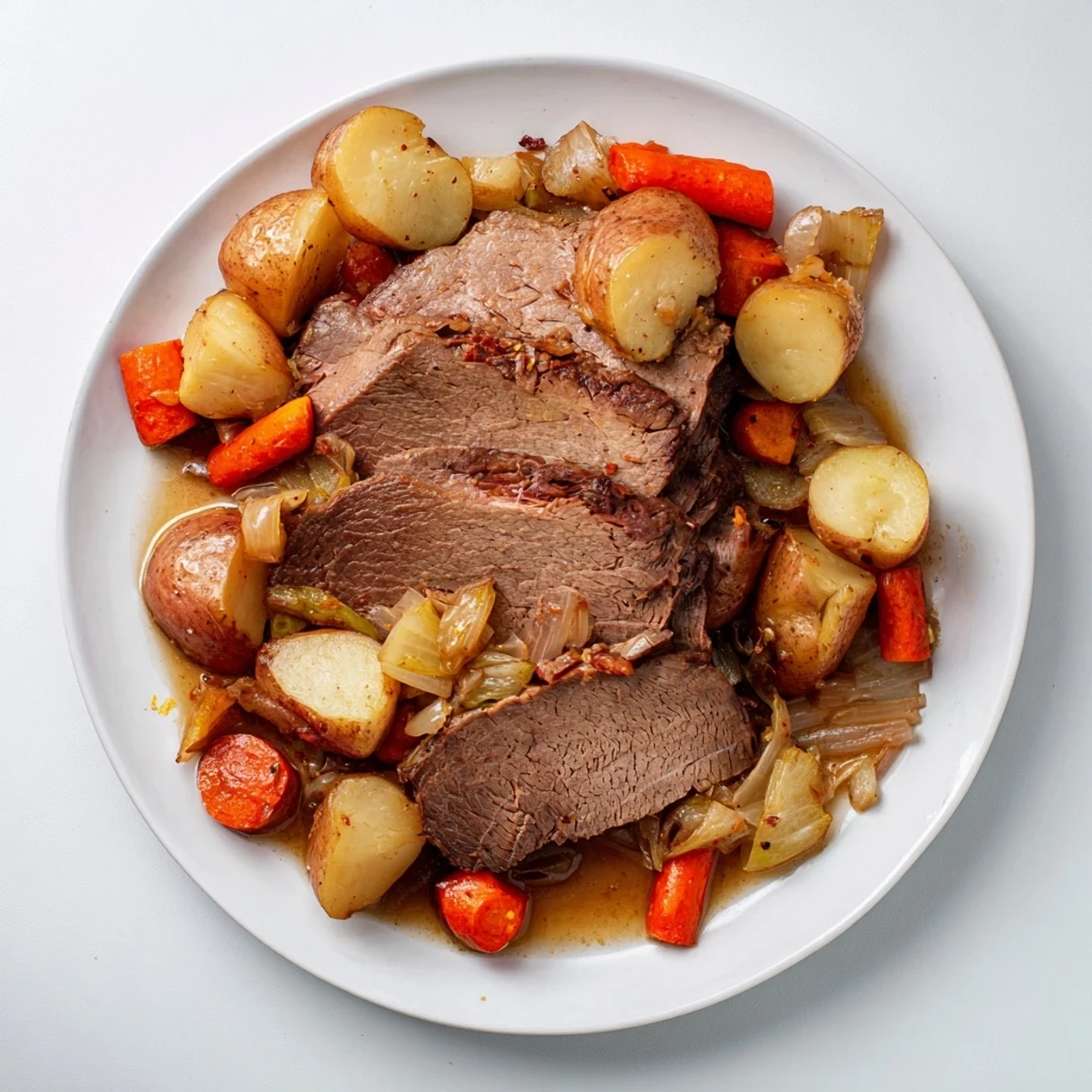 Tender, falling-apart Pickle Brine Pot Roast, its savory gravy soaking into the fork-tender meat.