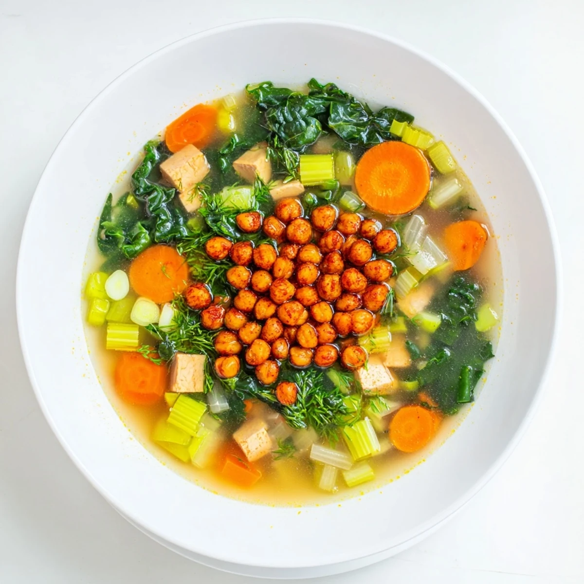 Steaming bowl of Chicken Kale Soup with crispy chickpeas, topped with golden, crunchy chickpeas and fresh kale.