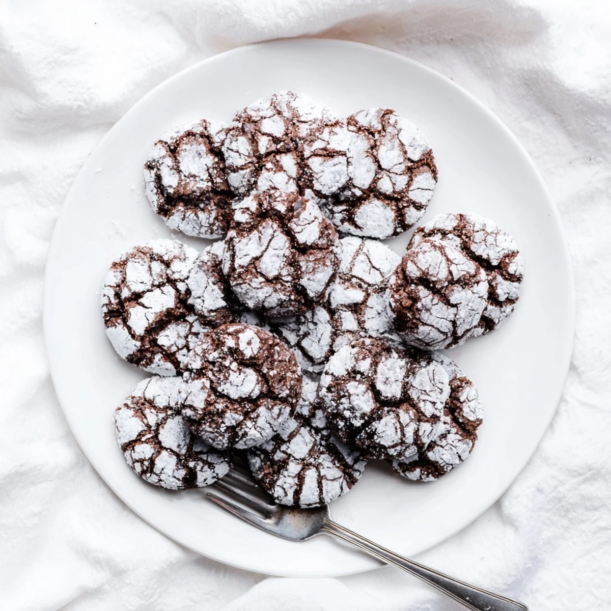 Perfectly round Chocolate Crinkle Cookies with a fudgy interior and beautiful crackled topping, served on a tray.
