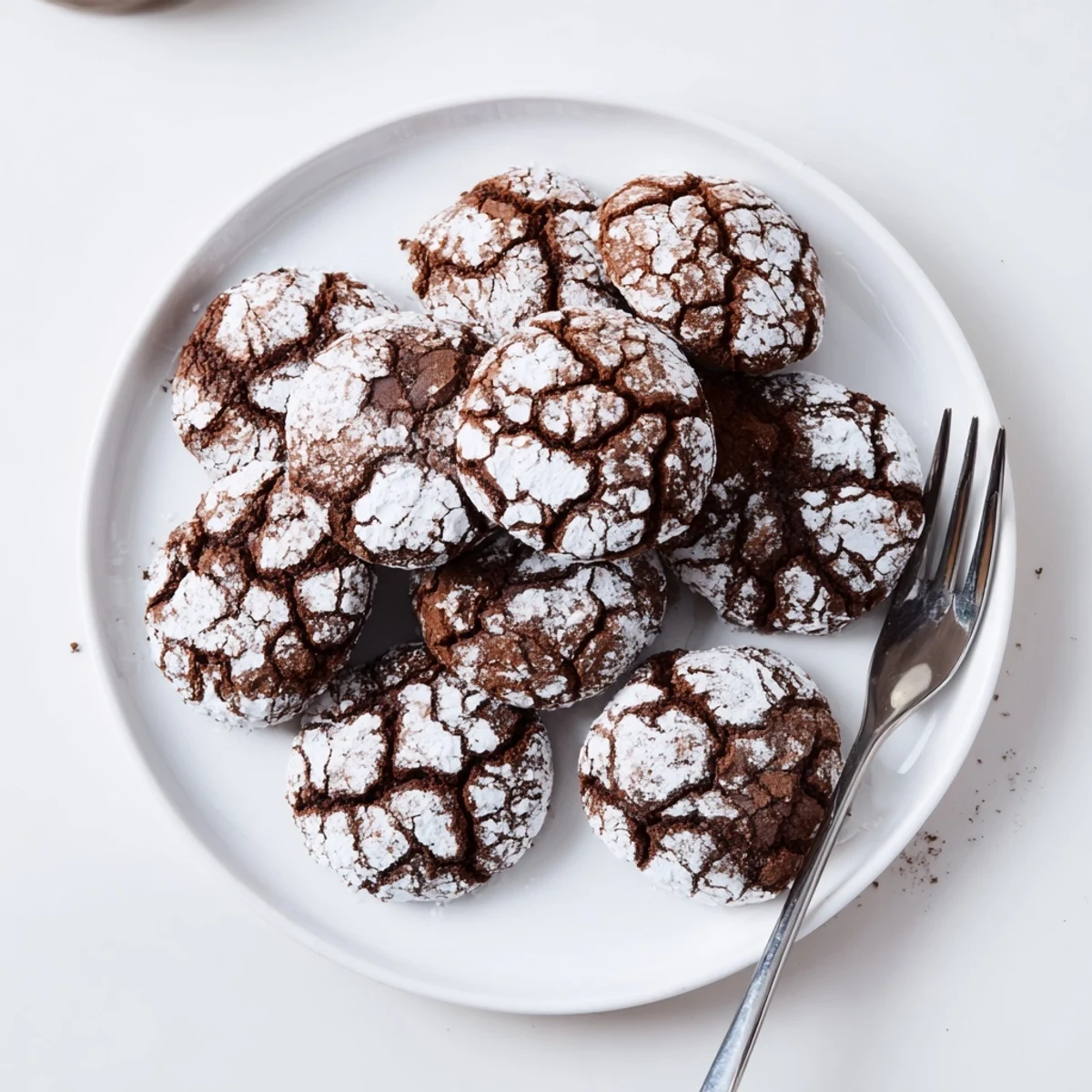 Warm, crackled Chocolate Crinkle Cookies, dusted with powdered sugar, ready for a dessert plate.