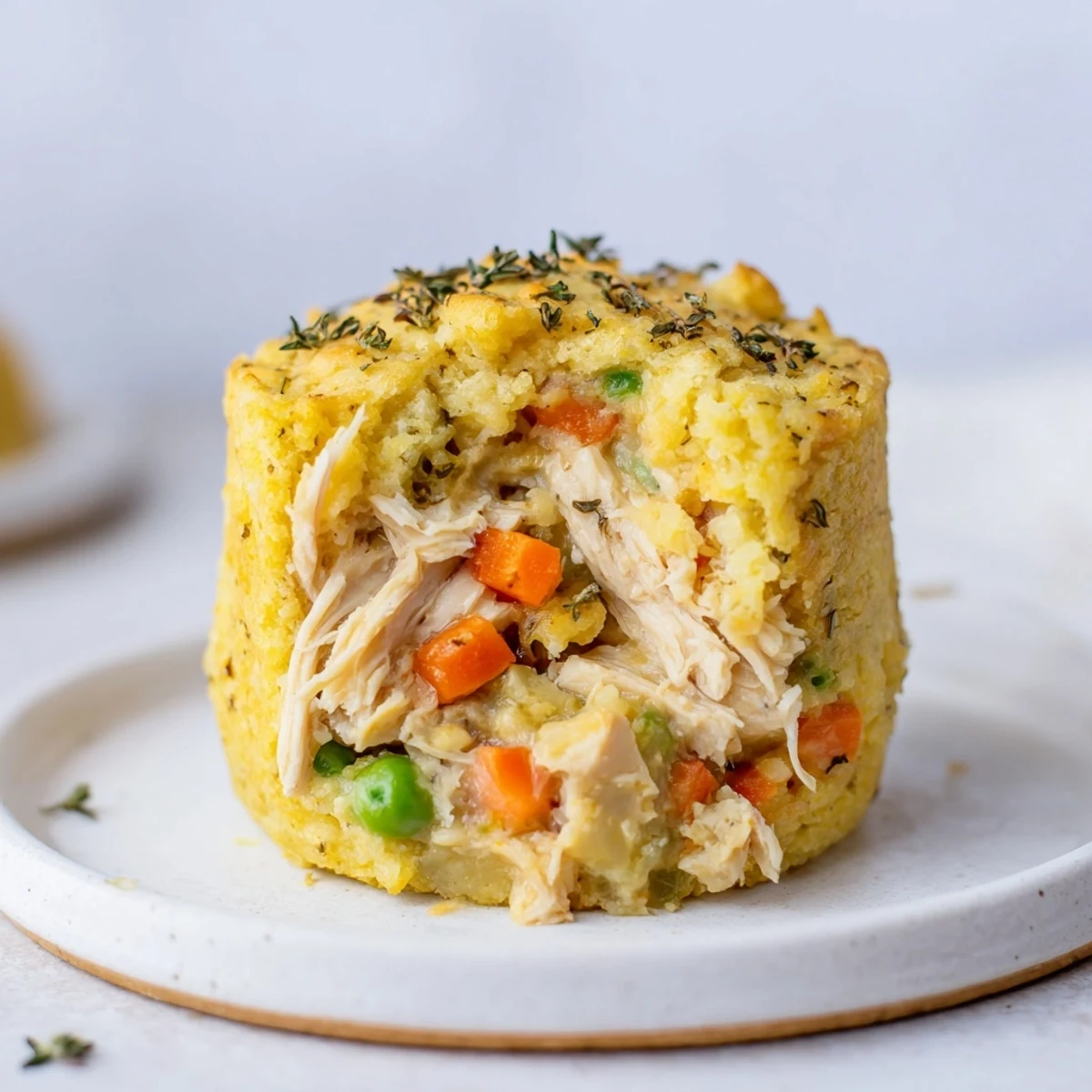 Golden-topped Chicken Pot Pie Cornbread Muffins offer a comforting, savory-sweet flavor combination on a plate.