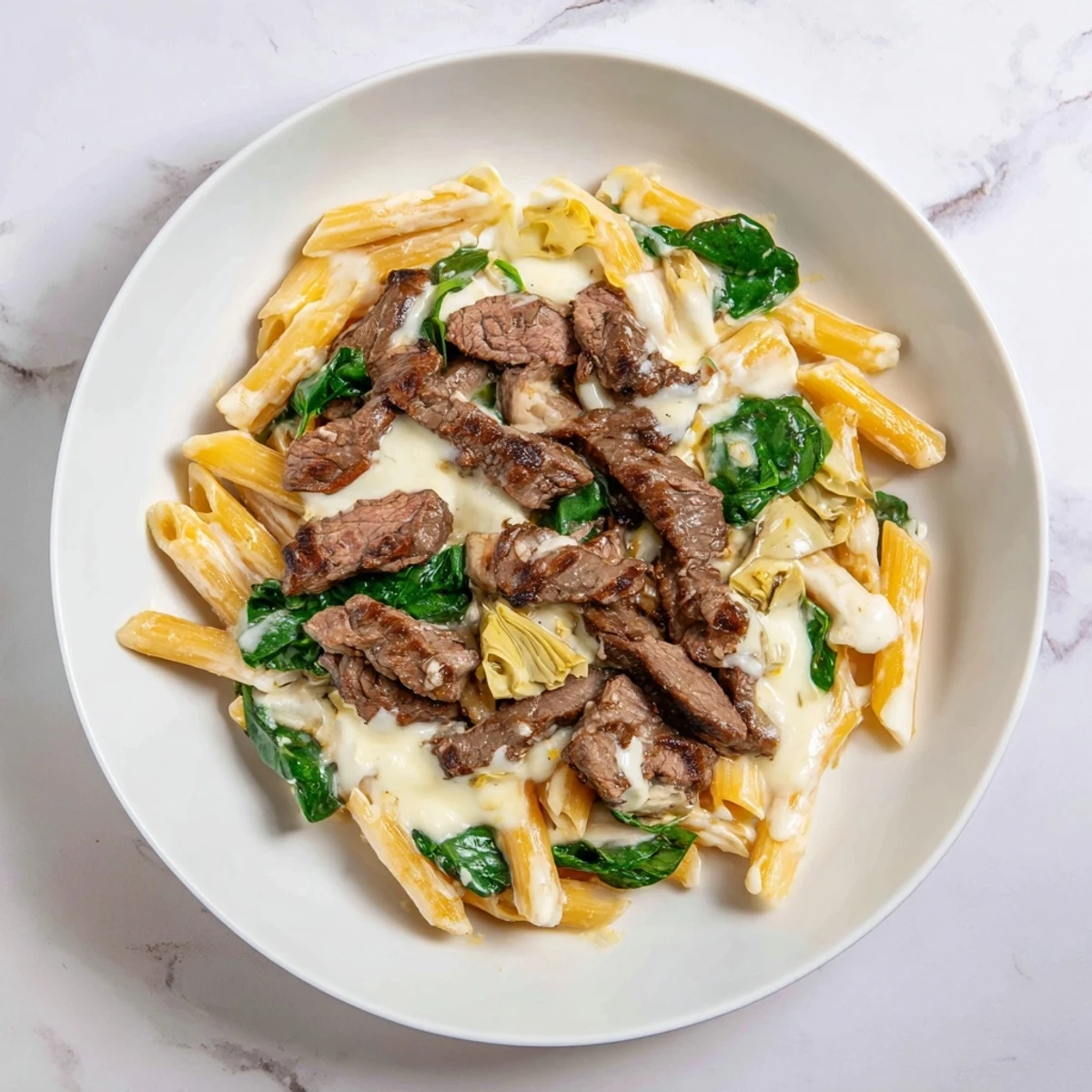 Sizzling steak and spinach artichoke pasta bake with melted mozzarella and perfectly cooked penne.