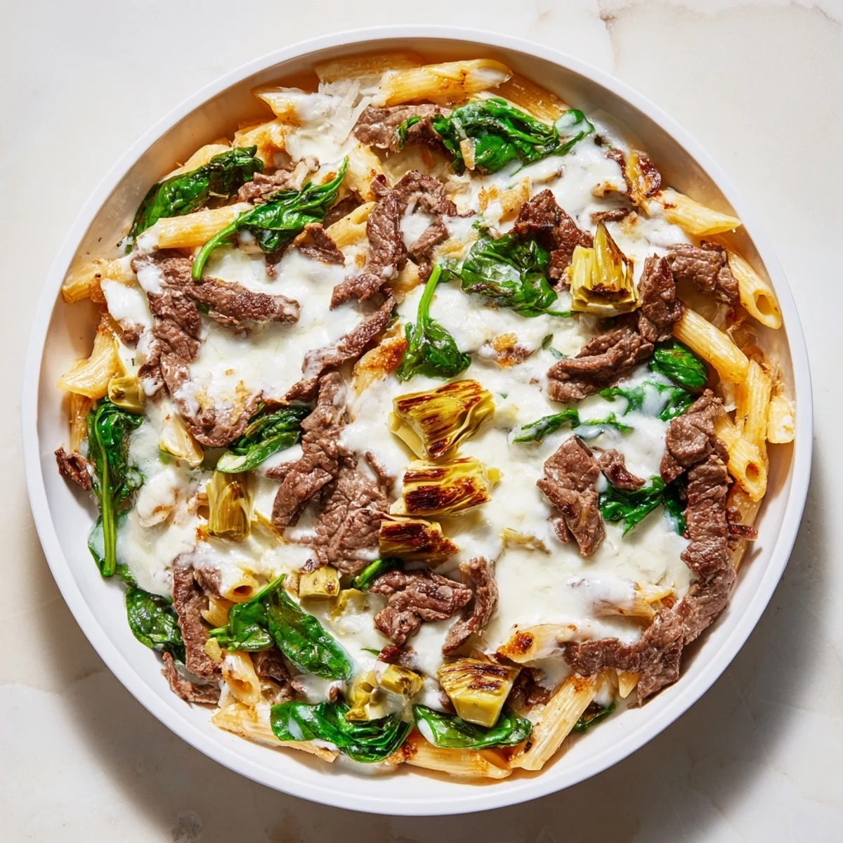 Close-up of a hearty steak and spinach artichoke pasta bake filled with tender beef and vegetables.