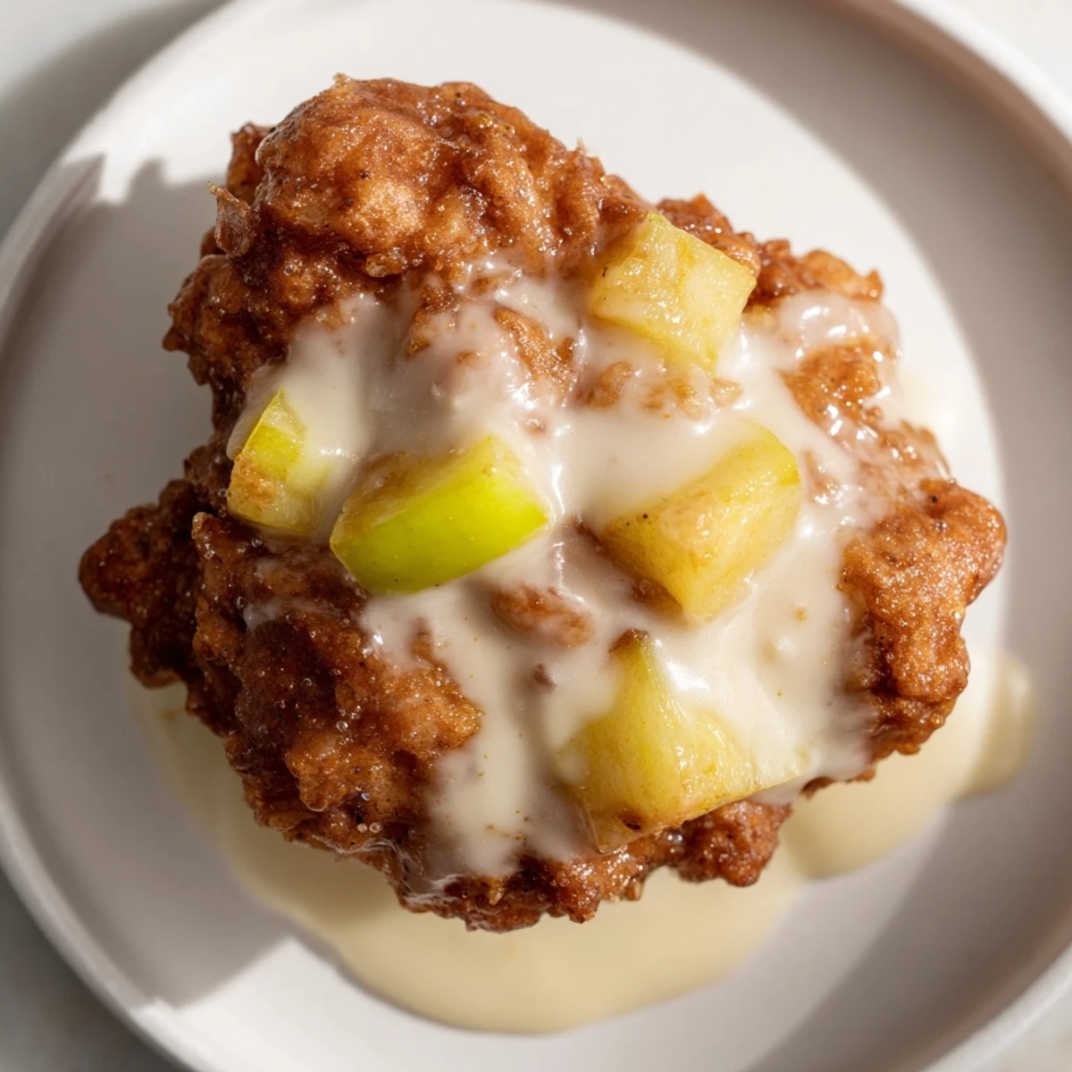 A close-up of a stack of warm apple fritters, showing the tender apple pieces and glistening glaze.