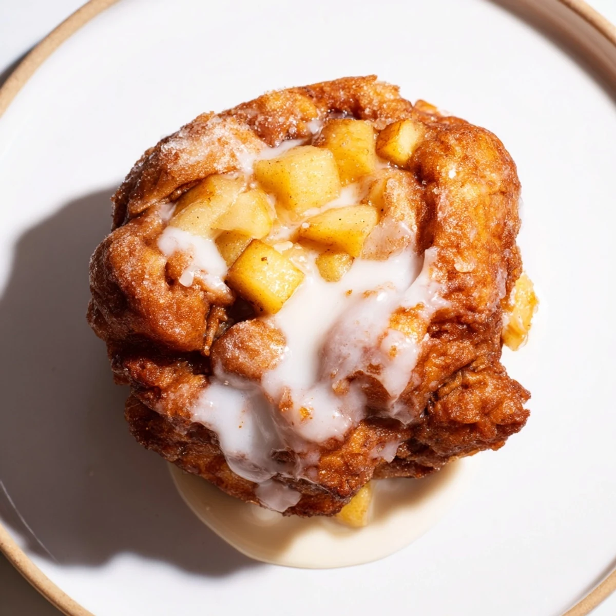 Golden-brown homemade apple fritters, fresh from the fryer, glazed and inviting, perfect for breakfast.