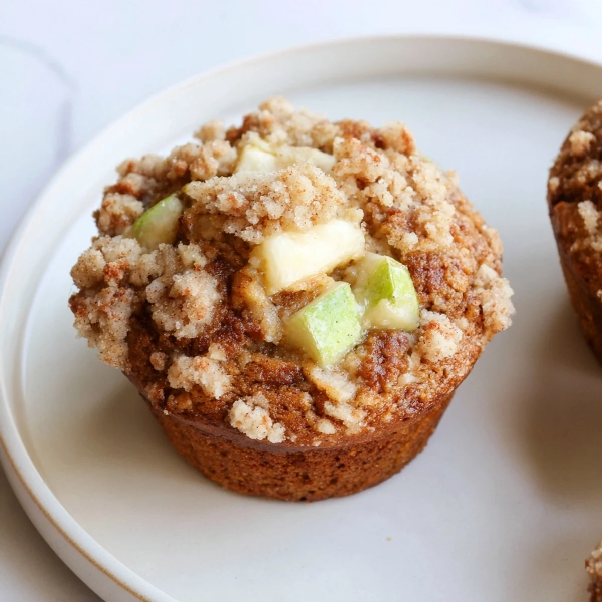 Golden-brown Tasty Apple Muffins, topped with sweet crumbs, perfect for a cozy breakfast.