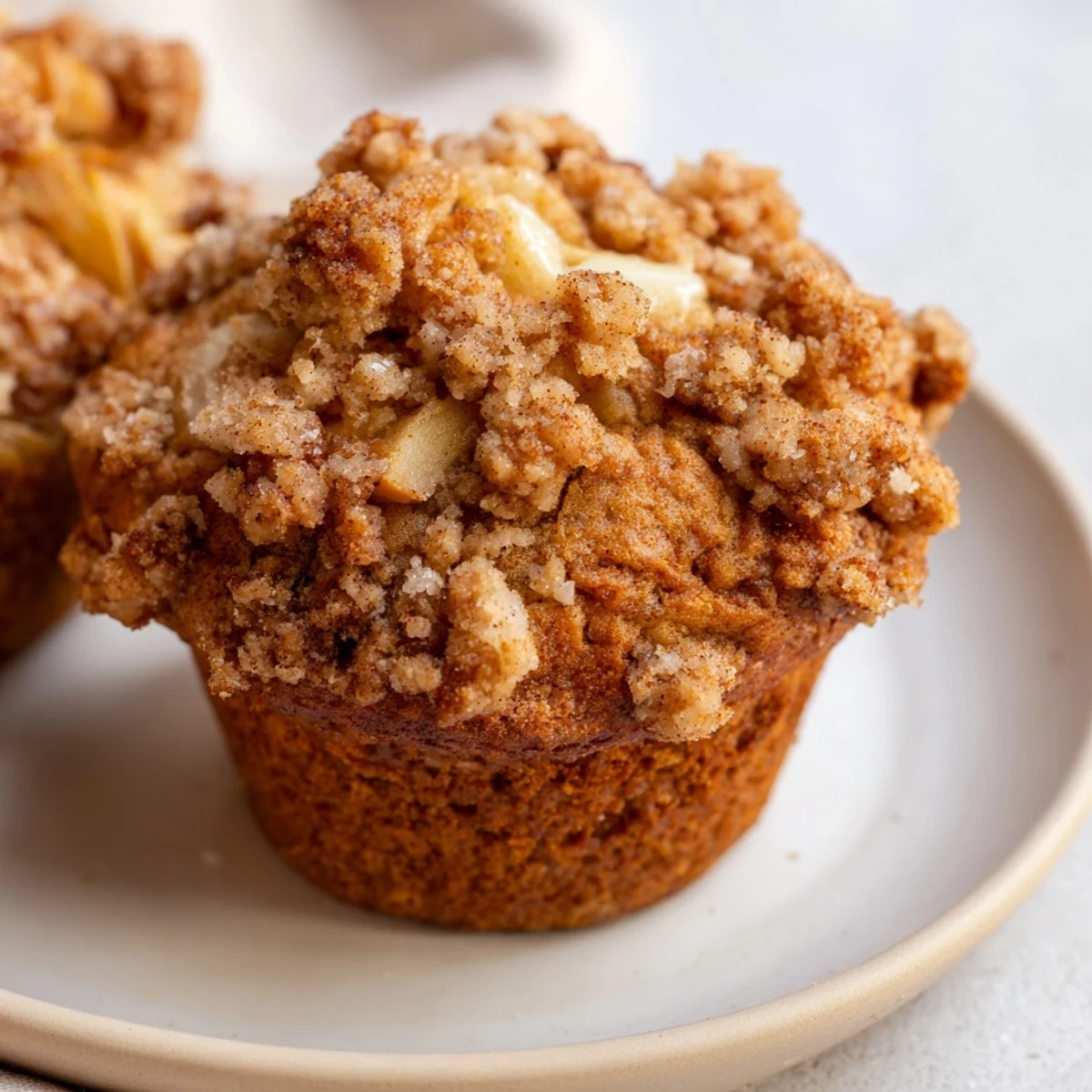 Close-up of fluffy Tasty Apple Muffins, with visible apple pieces and a buttery, crisp topping.