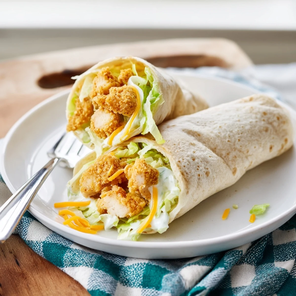 Freshly assembled photo of a vibrant Crispy Chicken Ranch Snack Wrap with creamy ranch and cheese.