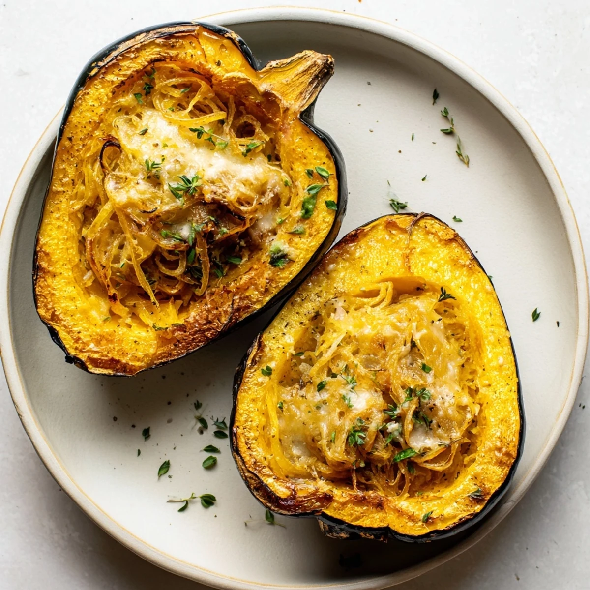 Roasted Caramelized Onion Gruyere Acorn Squash, a delicious vegetarian main dish with golden cheese.