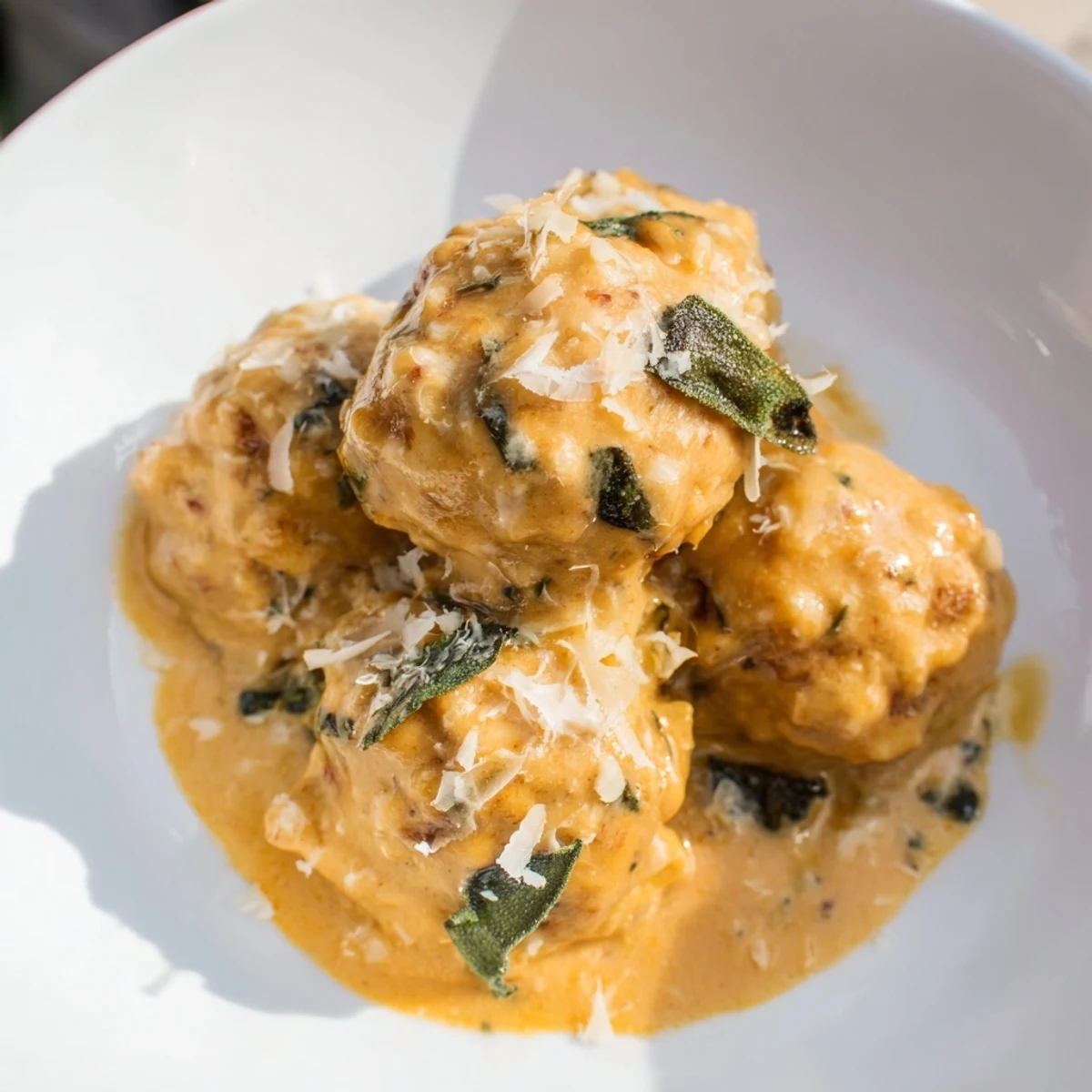 Golden-brown Easy Turkey Meatballs swimming in a creamy, vibrant pumpkin sage sauce, ready to serve.