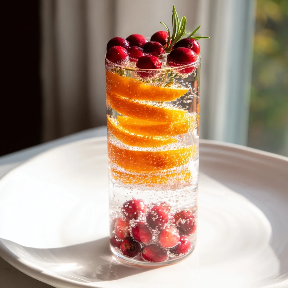 Close-up of a sparkling Snow Globe Mocktail; frozen cranberries and citrus evoke winter cheer.